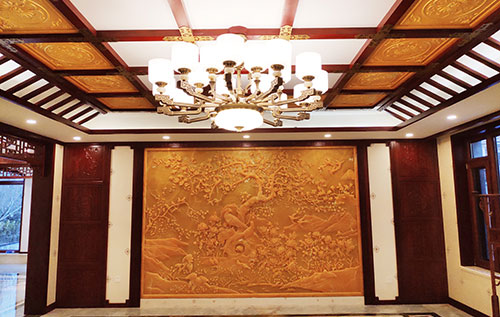 商丘中式别墅客厅中式木作横梁吊顶装饰展示